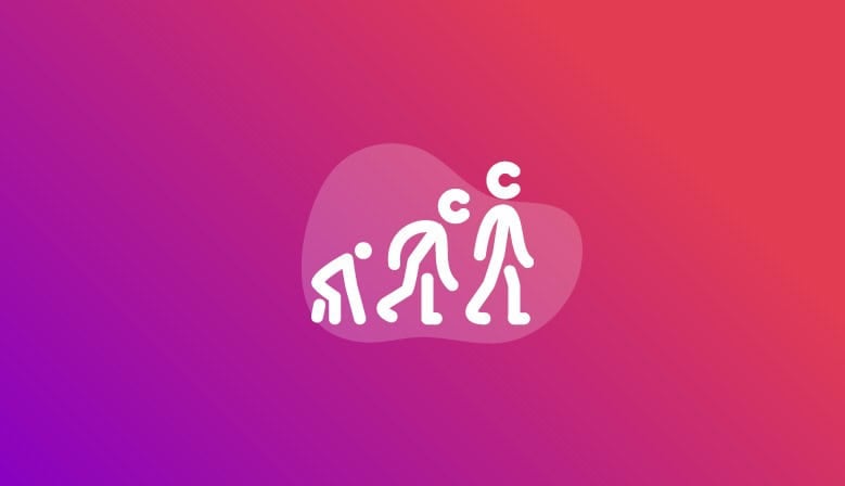 stick figures showing a crawling baby, a person hunched over, and a person standing upright