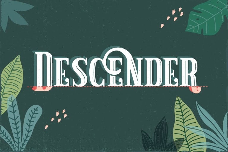 Dark green background with text in  white that says "descender"
