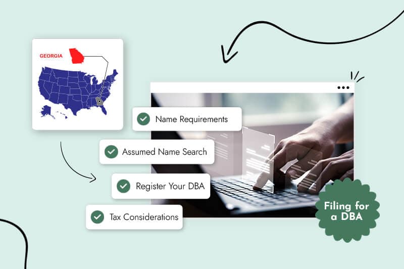 Small business owner in Georgia filing for a DBA, surrounded by Georgia state map and flag