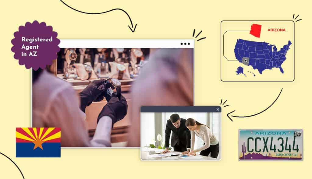 Registered Agent in AZ states map Arizona map watch store man and woman in a business meting