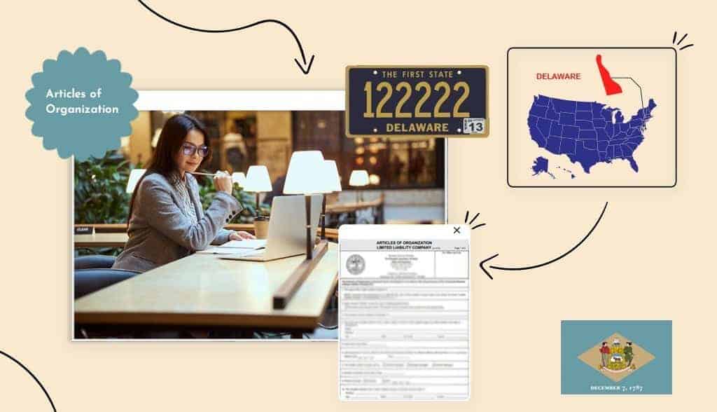 woman with glasses sitting filing her articles of organization to register an llc in Delaware states map Delaware map