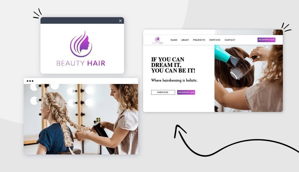 A hairdresser braiding a women's long blonde hair A website homepage screenshot advertising hairdressing services