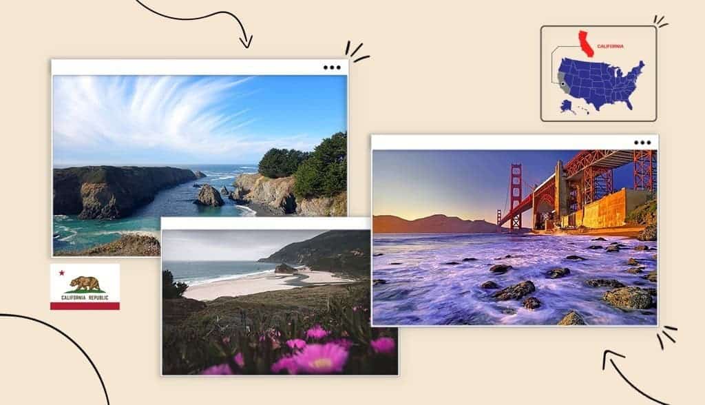 Scenic views of California, Golden Gate Bridge, California state map