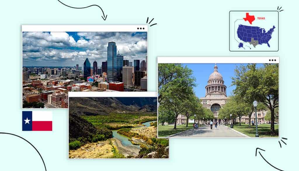 Scenic views in Texas: the capitol building, a city skyline against a blue sky, and a river winding through a forest