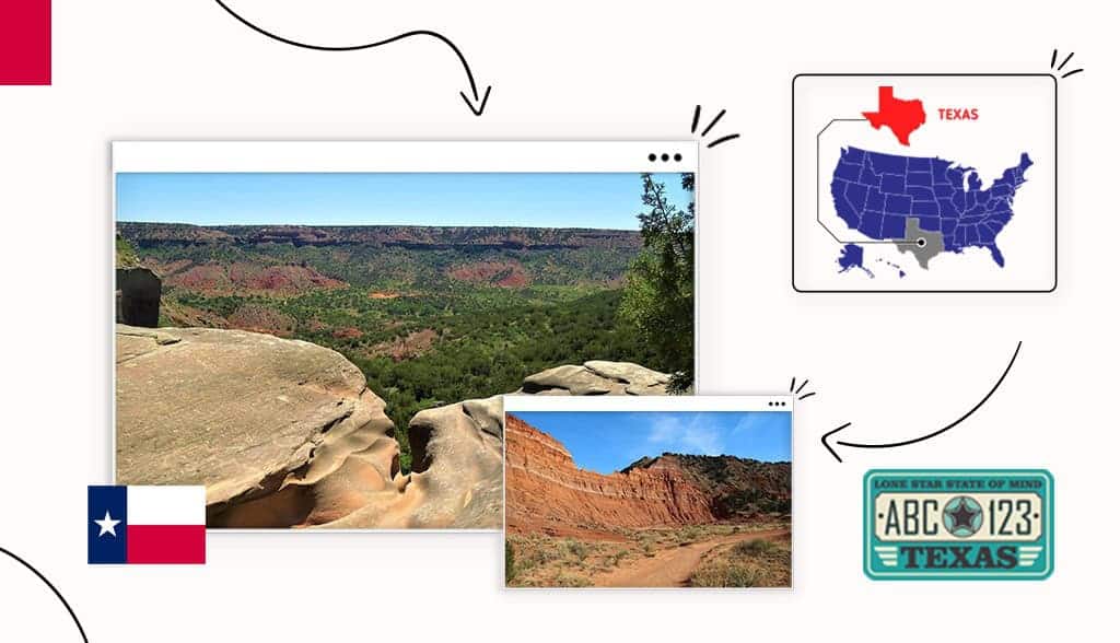 Scenic landscape views of Texas Texas state map, license plate and flag