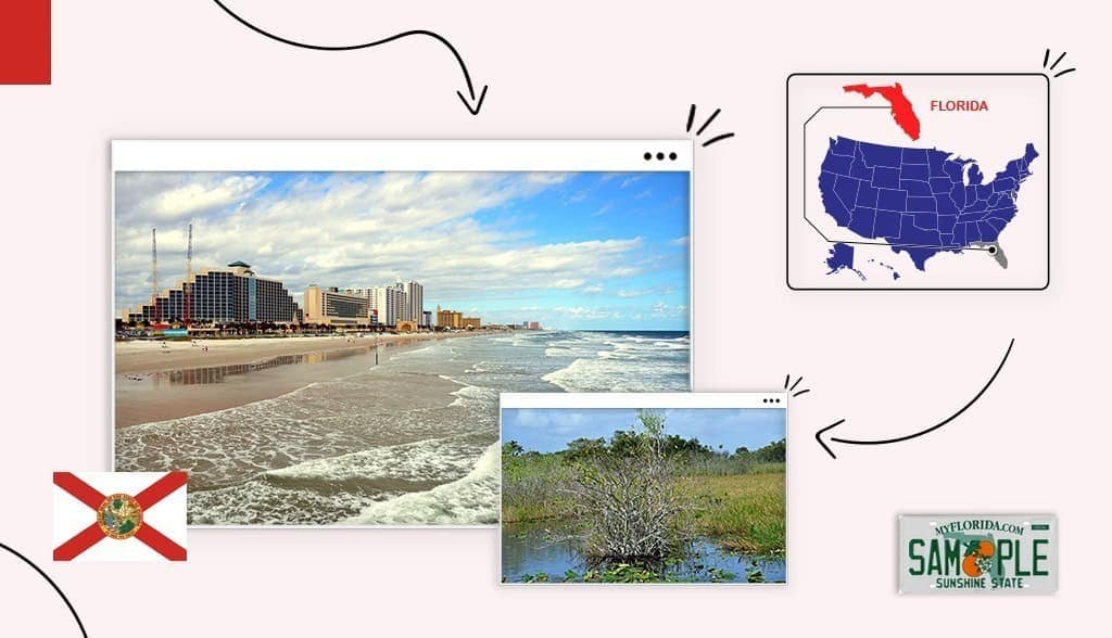 Scenic Florida views surrounded by the Florida state map, flag and license plate