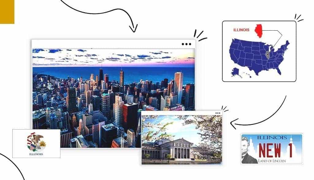 Scenic views of Illinois surrounded by the Illinois state map, flag and license plate