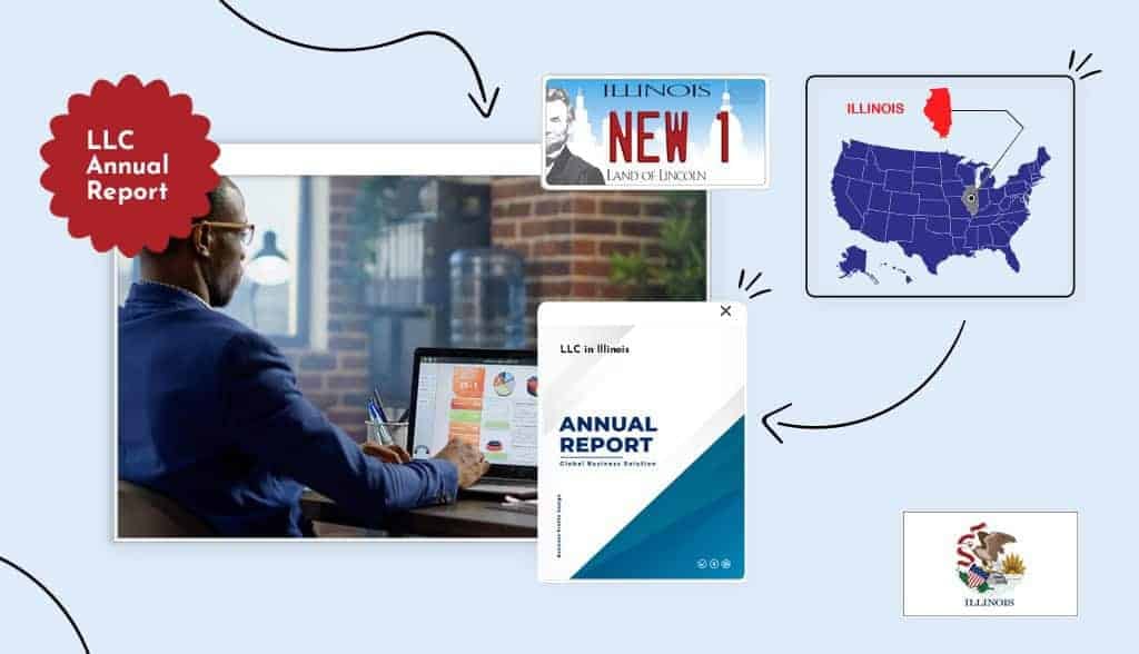Illinois annual report a man with glasses on his laptop filling an annual report states map