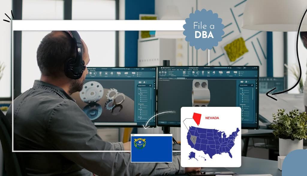 Man with headphones working on a computer US states map Nevada file a DBA