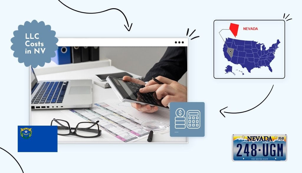 Business man with calculator calculating Nevada LLC costs with a Nevada map and icons