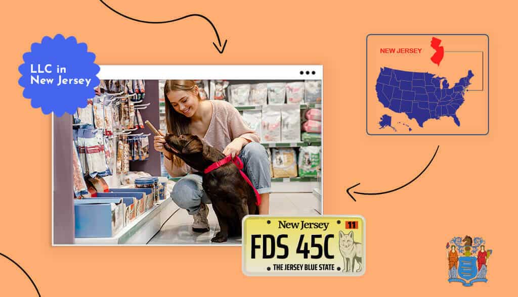 Woman petting a dog in pet store in New Jersey New Jersey state map