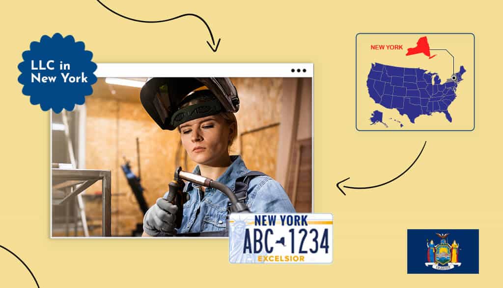 Small business owner working with helmet in New York New York state map, license plate and flag