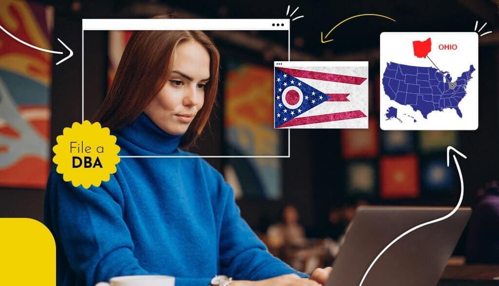Small business owner filing for a DBA in Ohio, surrounded by the state map and flag