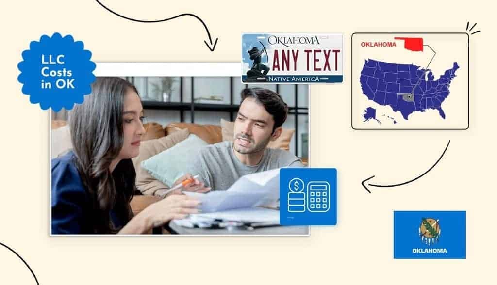 Man asking a business woman how much an LLC costs in Oklahoma with OK state icons around