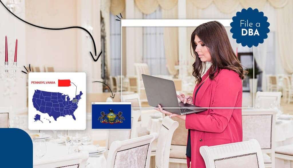 Small business owner filing for a DBA in Pennsylvania surrounded by the Pennsylvania state map and flag