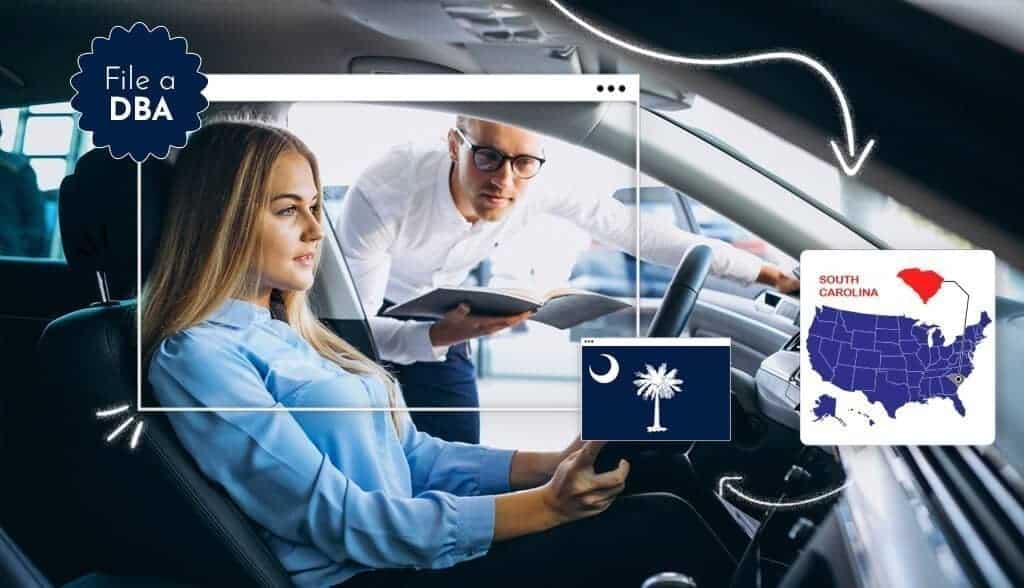 A woman sits in the driver's seat while a man with a pamphlet leans into the car through the open driver's seat door in South Carolina