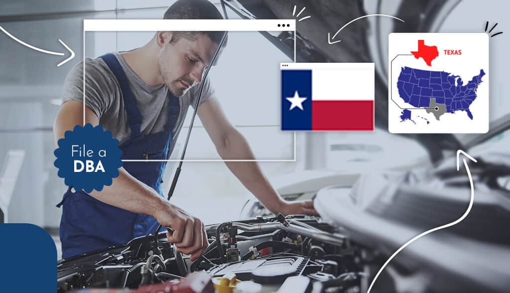 Small business owner in Texas surrounded by Texas state map and flag