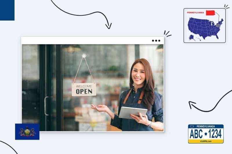 Small business owner standing next to a store front open sign