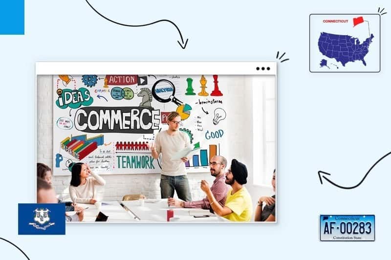 Small business owners in Connecticut surrounded by the Connecticut state flag, map and license plate