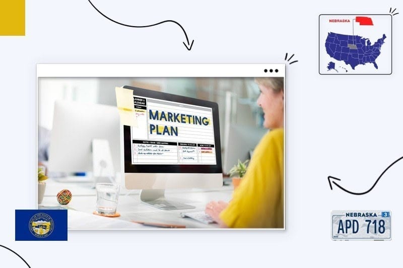 Small business owner in Nebraska creating a marketing plan, surrounded by the Nebraska state map, flag and license plate