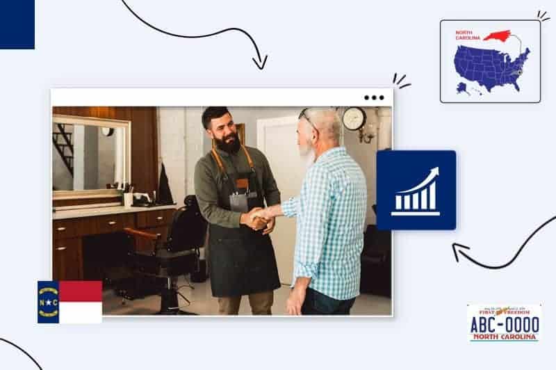 Small business owners in North Carolina surrounded the state map, license plate and flag. 