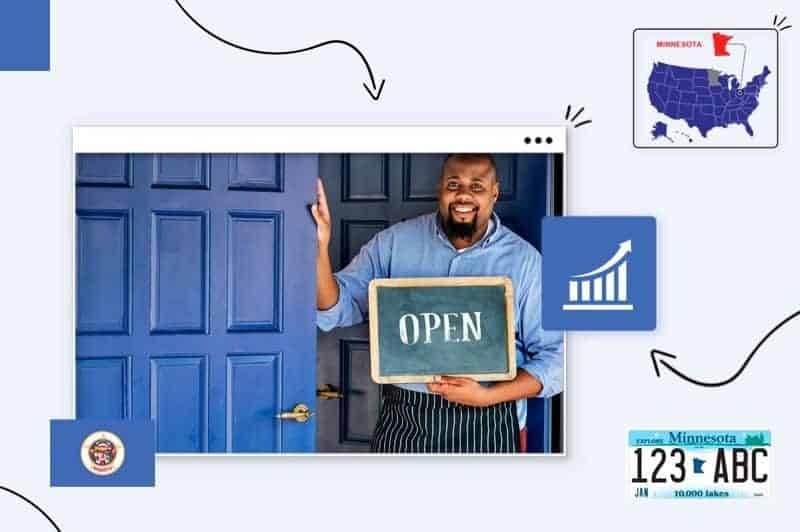 Small business owner opening a business in Minnesota, surrounded by the Minnesota state map, license plate and flag
