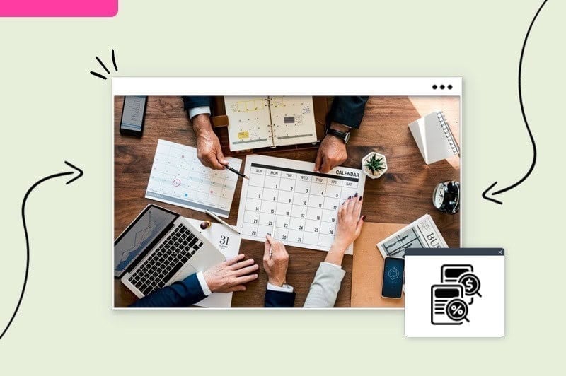 A birds-eye-view of a table with a calendar on it, and people in business suits gesturing to the calendar
