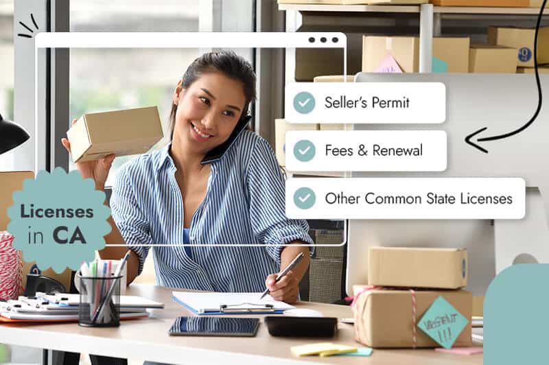 Woman doing business and license information in California