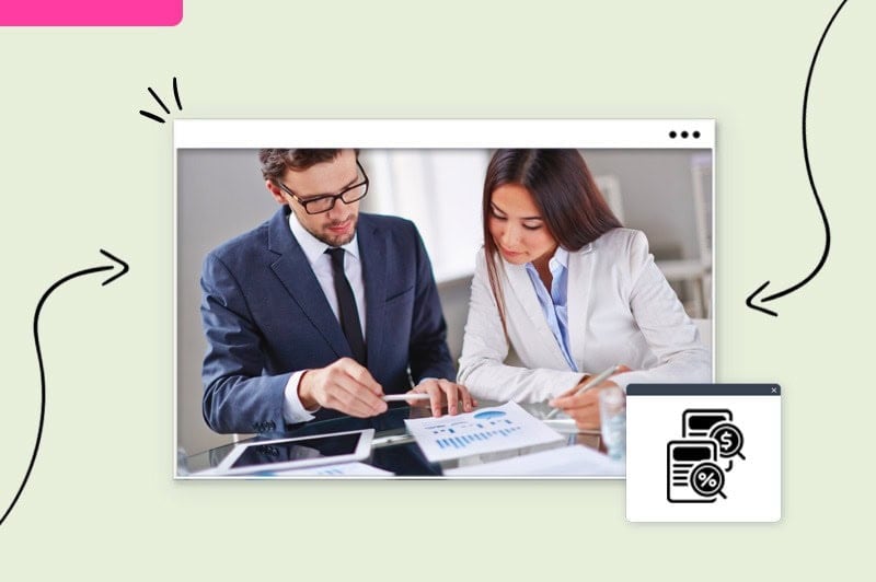 A man and women in business suits looking over a document with graphs on it