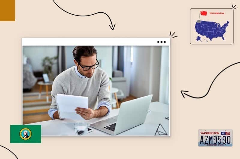 Small business owner creating a business plan in Washington State, surrounded by the Washington State map, drivers license and flag 