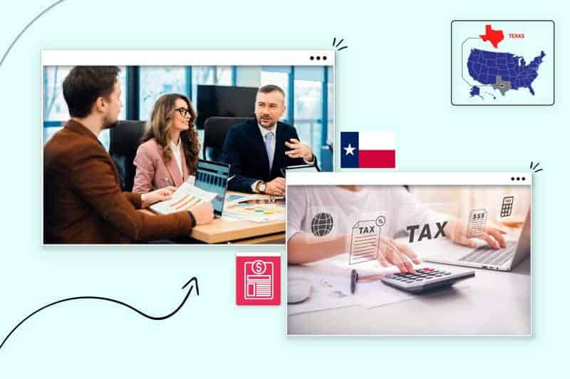 Small business owners sitting around a table in Texas 
A person typing on a calculator and on a laptop in Texas