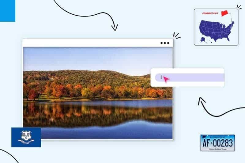 Scenic views of Connecticut surrounded by the Connecticut state flag, map and license plate
