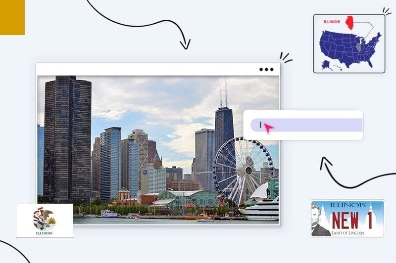 Scenic views of Illinois, surrounded by Illinois state map, flag and license plate