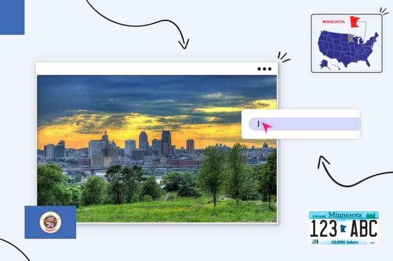 Scenic views of Minnesota, surrounded by the Minnesota state map, license plate and flag