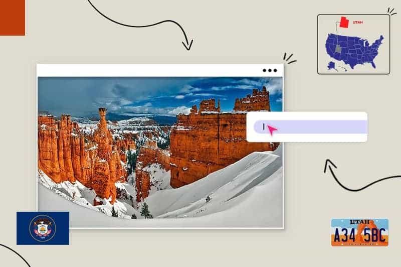 Scenic views in Utah, surrounded by the Utah state map, license plate and flag