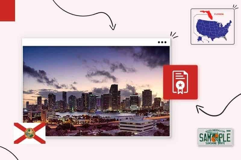 Scenic Florida skyline surrounded by the Florida state map, flag and license plate 