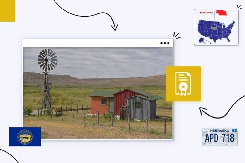 Scenic view of Nebraska, surrounded by the Nebraska state map, flag and license plate