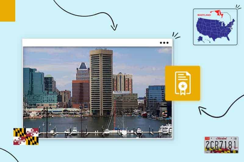 Scenic view of Maryland, surrounded by the Maryland state map, license plate and flag 