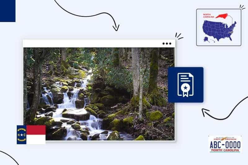 Scenic views in North Carolina surrounded the state map, license plate and flag. 