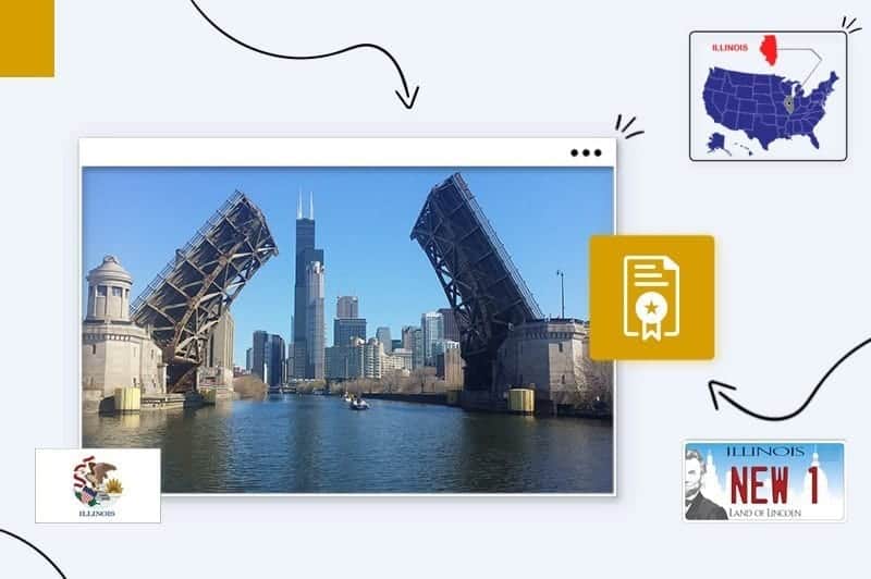 Scenic views of Illinois, surrounded by Illinois state map, flag and license plate