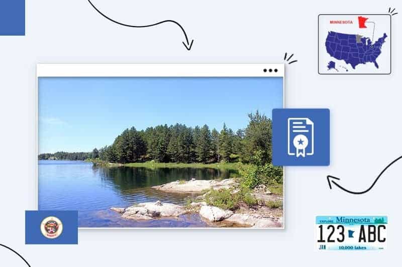 Scenic views of Minnesota, surrounded by the Minnesota state map, license plate and flag