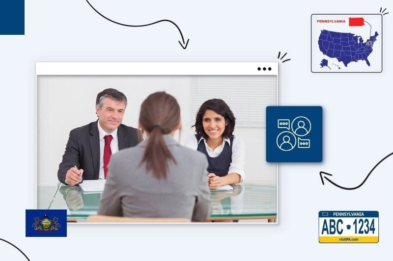 Two small business owners interviewing woman for company