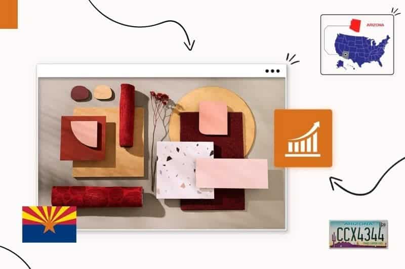 Small business products in Arizona, surrounded by the Arizona state map, license plate and flag
