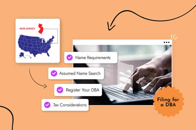 Small business owner filing a DBA in New Jersey, surrounded by the New Jersey state map