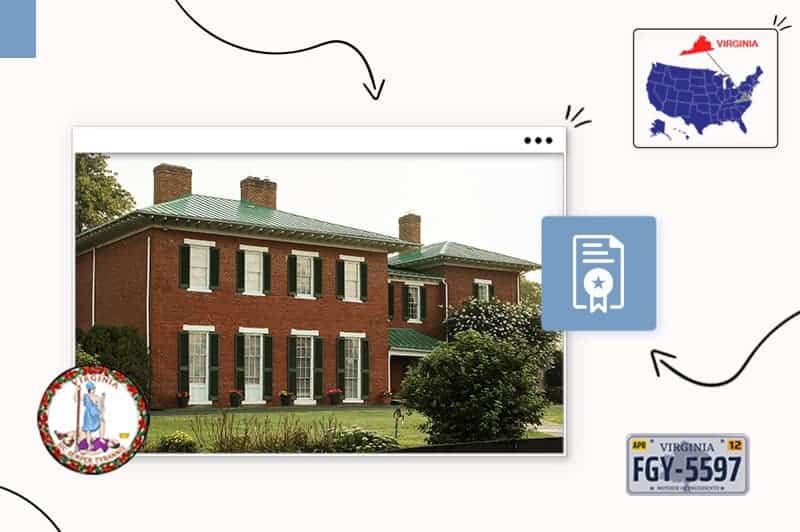 Scenic view in Virginia, surrounded by the Virginia state map and license plate