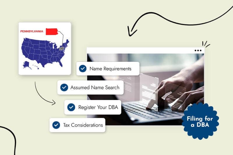 Small business owner filing for a DBA in Pennsylvania surrounded by the Pennsylvania state map and flag
