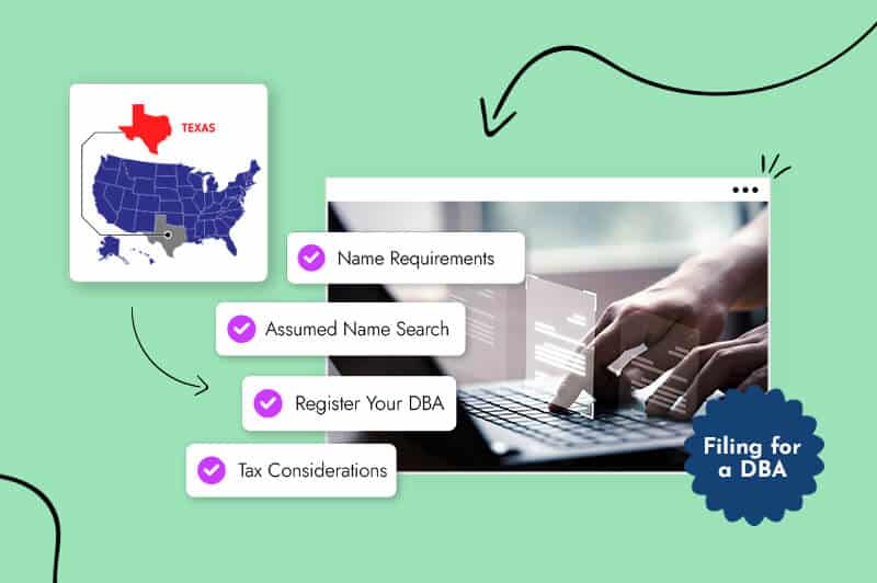 Small business owner filing for a DBA in Texas surrounded by Texas state map and flag 