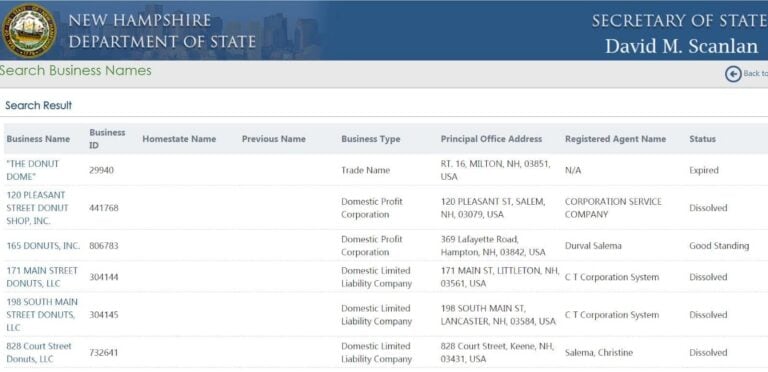a name search for businesses with "Donut" in the name results.