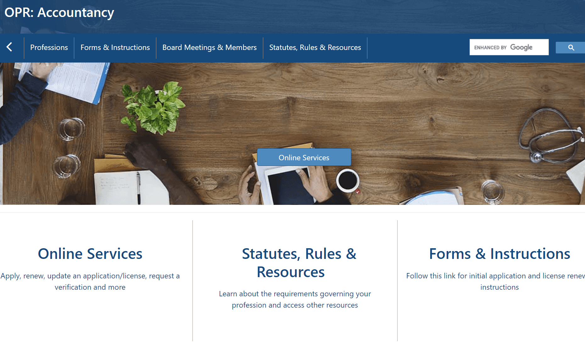 Image of Vermont's Office of Professional Regulation website page showing accounting services
