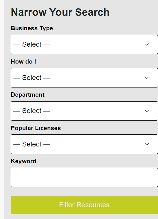 Snapshot of a search field to find which permits and licenses are needed in Iowa